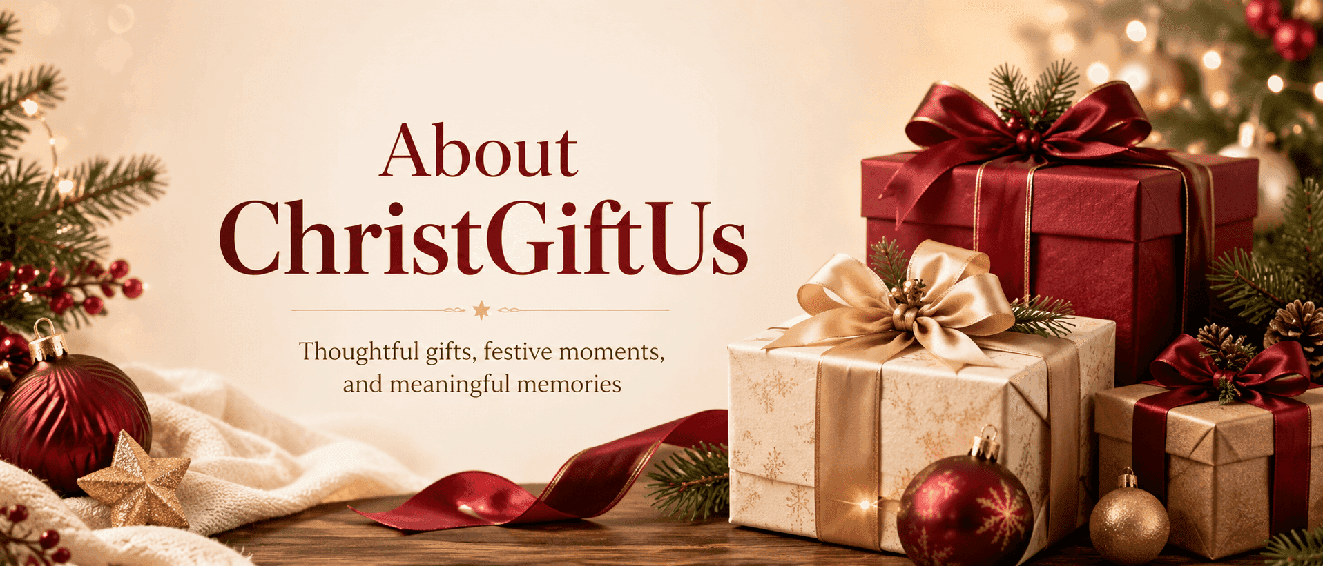 Banner reading About ChristGiftUs beside wrapped gifts, red and gold baubles and ribbon on a cream background
