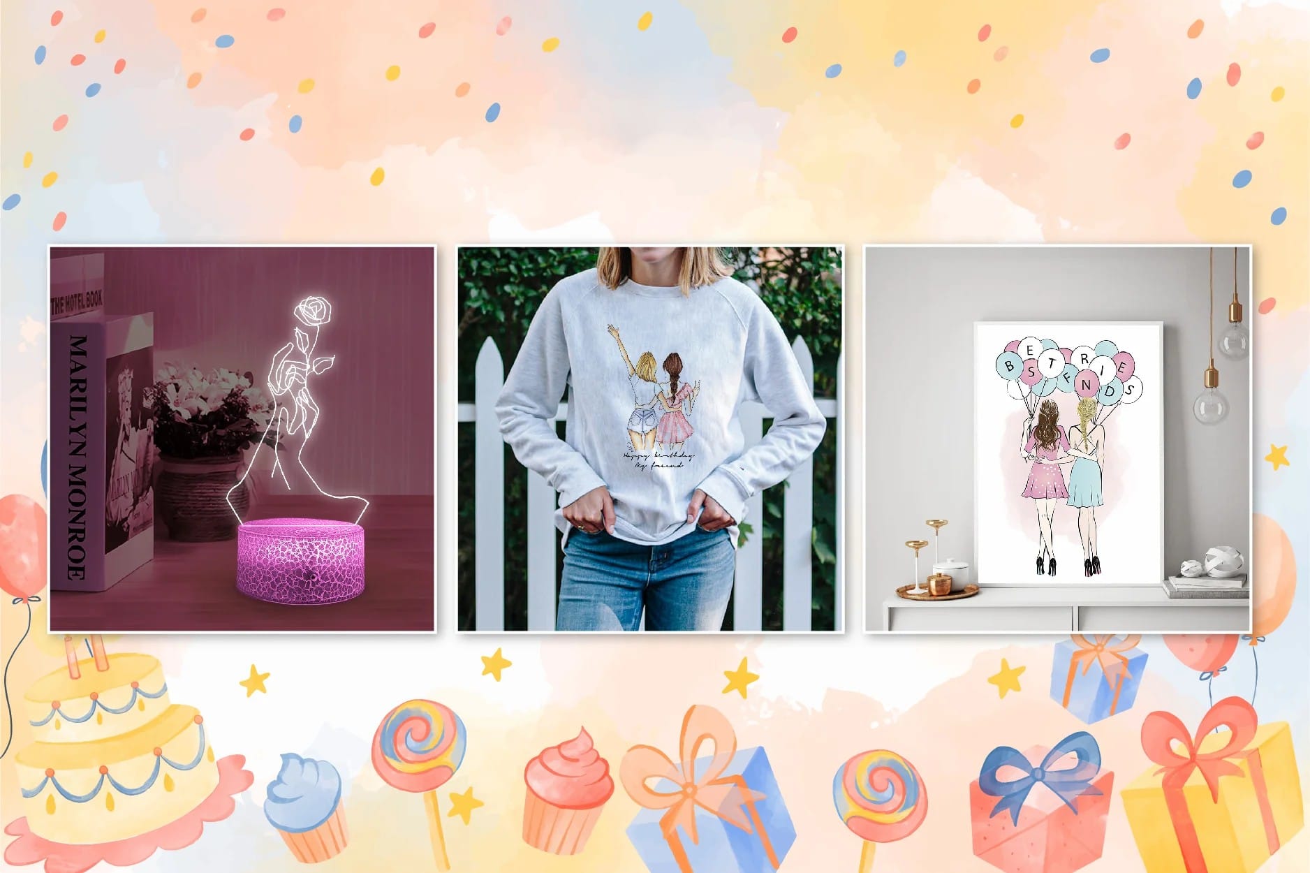 Pastel banner showing a rose shaped LED lamp, a sweatshirt printed with two friends, and a framed balloon print, framed by illustrated cake, sweets and gift boxes