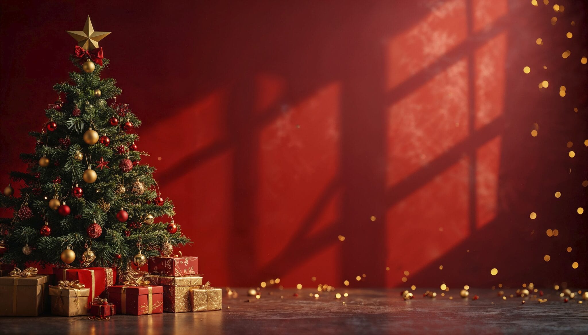 Decorated Christmas tree with a gold star topper and red and gold baubles, wrapped gifts stacked at its base against a deep red wall