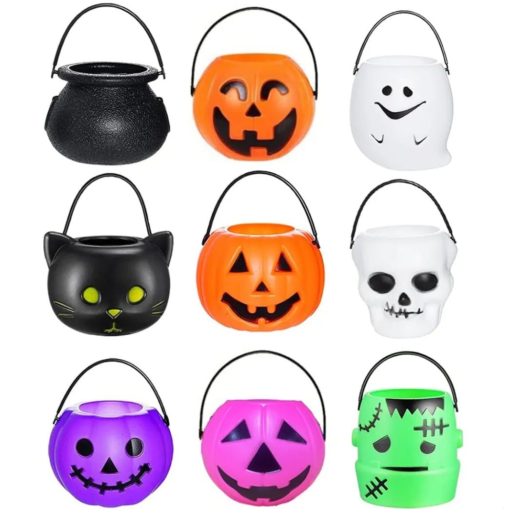 Nine plastic Halloween candy pails shaped as pumpkins, ghosts, skulls, a black cat and a witch cauldron