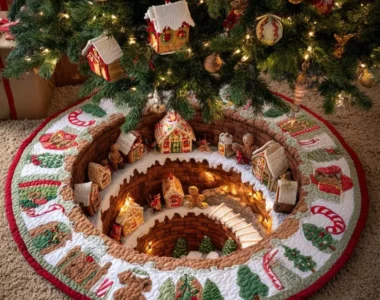 Quilted Christmas tree skirt with a raised gingerbread village scene under a lit tree