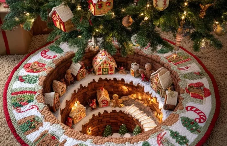 Quilted Christmas tree skirt with a raised gingerbread village scene under a lit tree