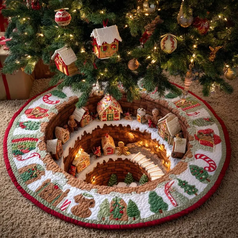 Quilted Christmas tree skirt with a raised gingerbread village scene under a lit tree