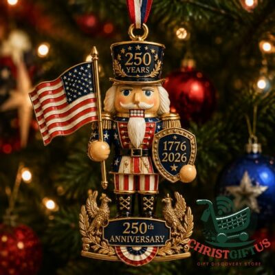 America 250th Anniversary Nutcracker Christmas Ornament - front view with flag and anniversary shield