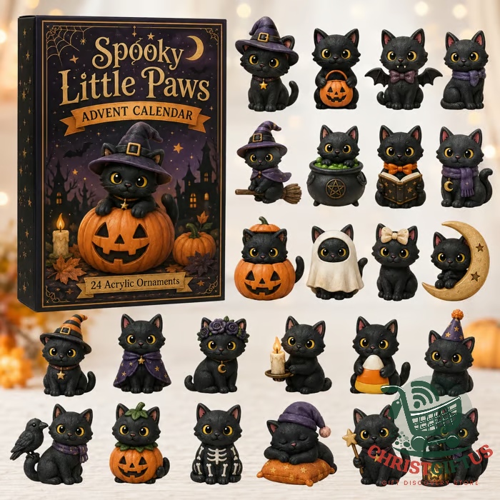 Black Cat Halloween Advent Calendar 24 Acrylic Ornaments - close up of the calendar box