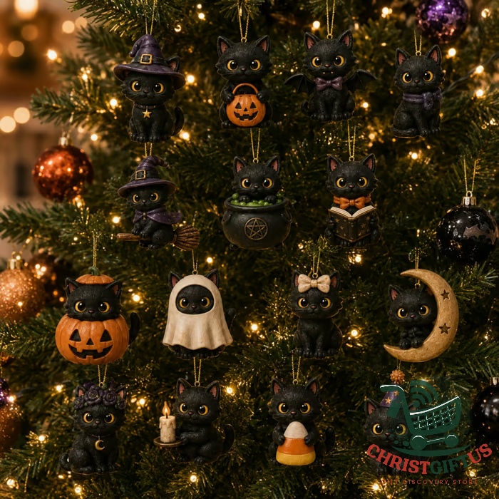 Black Cat Halloween Advent Calendar 24 Acrylic Ornaments - top two rows of figurines displayed