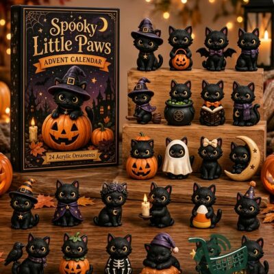 Black Cat Halloween Advent Calendar 24 Acrylic Ornaments - full display of calendar and figurines