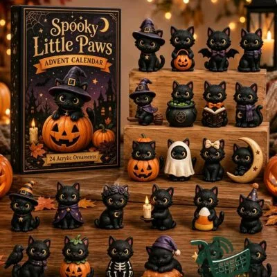Black Cat Halloween Advent Calendar 24 Acrylic Ornaments - full display of calendar and figurines