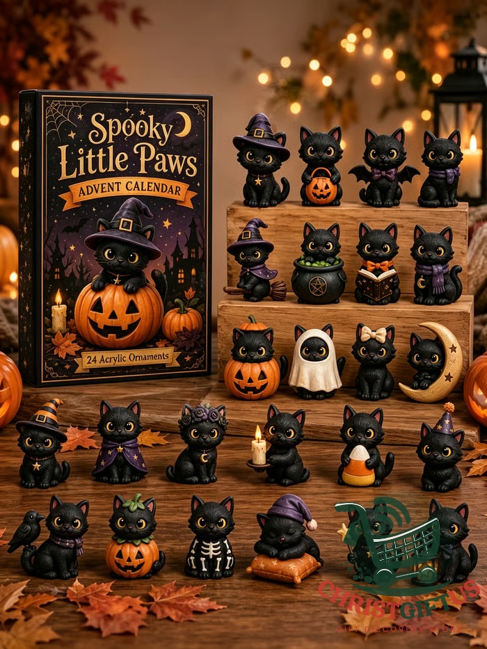 Black Cat Halloween Advent Calendar 24 Acrylic Ornaments - full display of calendar and figurines