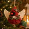 Cardinal Angel Christmas Ornament 2026 Handmade - front view showing crocheted wings and bell