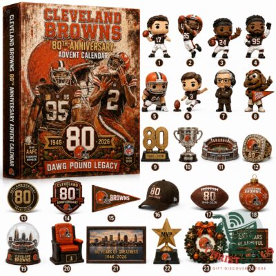 Cleveland Browns 80th Anniversary 1946-2026 Advent Calendar box with various collectible items