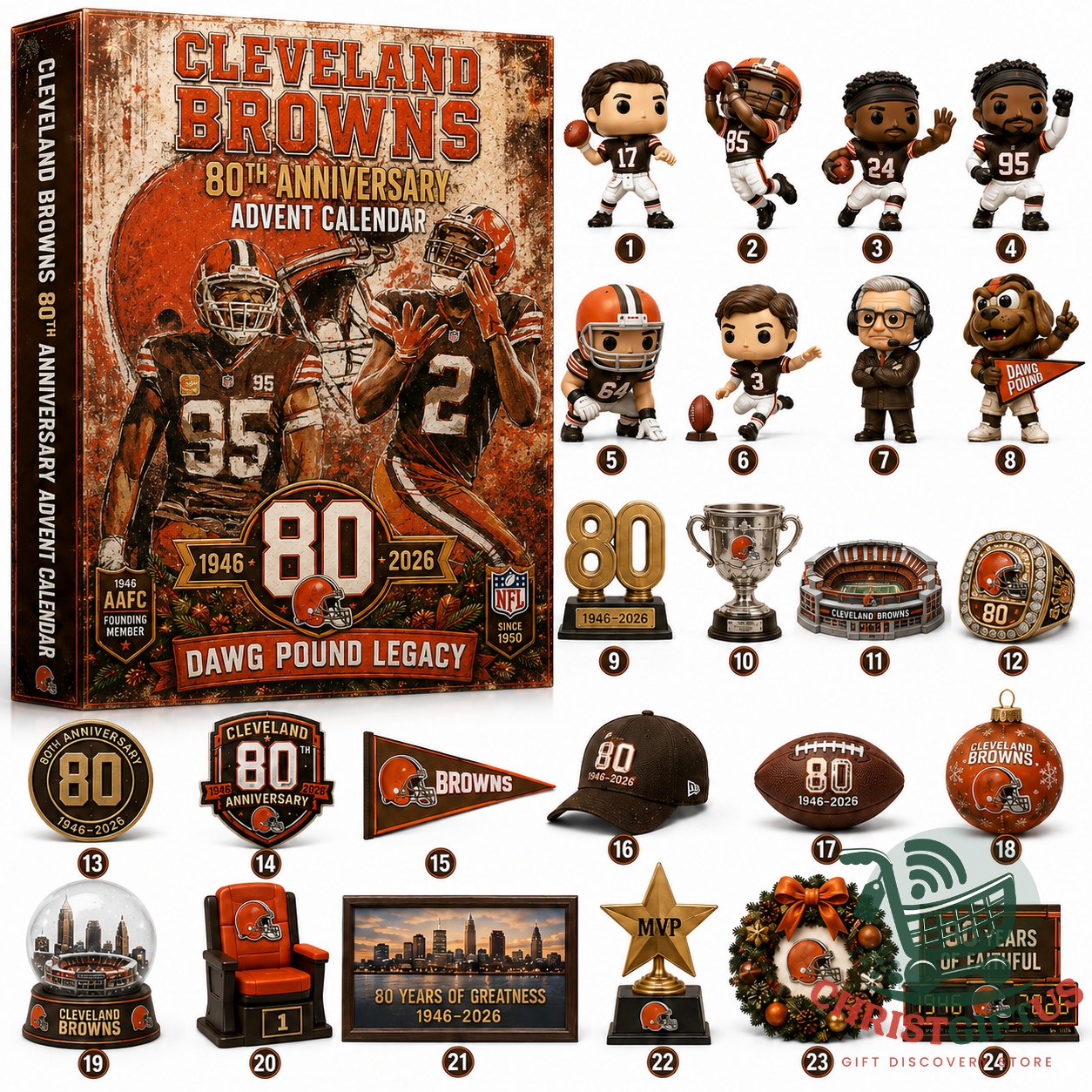 Cleveland Browns 80th Anniversary 1946-2026 Advent Calendar box with various collectible items
