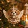 Dog Angel Christmas Ornament 2026 Handmade - crocheted front view with bell and hanging loop