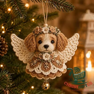 Dog Angel Christmas Ornament 2026 Handmade - crocheted front view with bell and hanging loop
