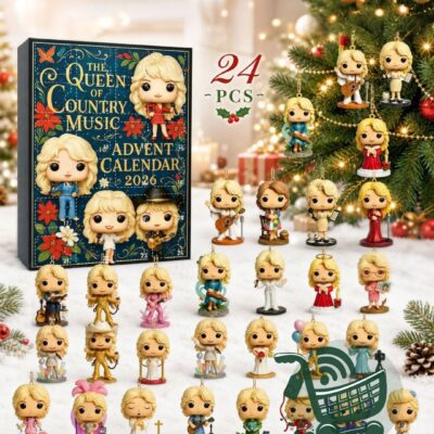 Dolly Parton 2026 Queen of Country Music Advent Calendar - box and character ornaments displayed together