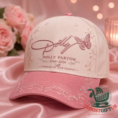 Dolly Parton Forever In Our Hearts 1946-2026 Cap - full front view on pink satin