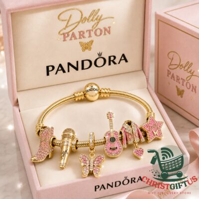 Dolly Parton Pandora Charm Tribute Bracelet - displayed open in pink gift box