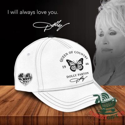 Dolly Parton Queen of Country I Will Always Love You Cap - full product view on wooden surface with Dolly