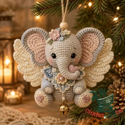 Elephant Angel Crochet Christmas Ornament 2026 Handmade - front view with wings, flowers, and hanging bell