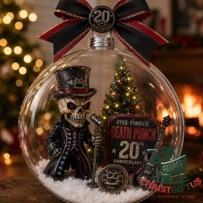 Five Finger Death Punch 20th Anniversary Globe Ornament - front view with skull performer and band plaque