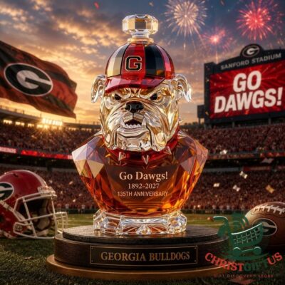 Georgia Bulldogs 135th Anniversary Whiskey Decanter - detailed view on football field with stadium background