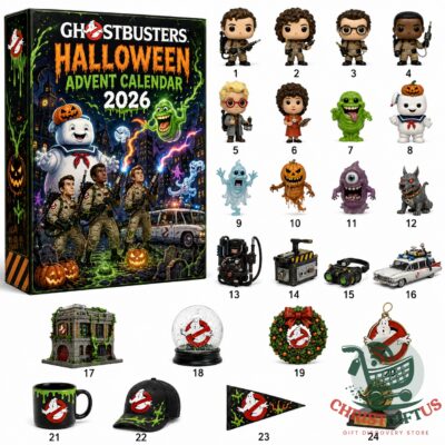 Ghostbusters Halloween Advent Calendar 2026 - full display of calendar box and all 24 numbered collectible