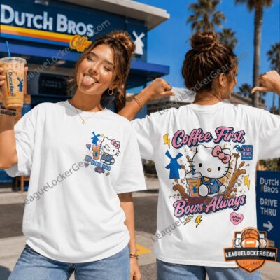 Hello Kitty Dutch Bros Coffee First Bows Always T-Shirt - front and back view