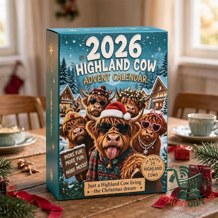 Highland Cow 2026 Advent Calendar Blind Box - top row of figures with Christmas tree
