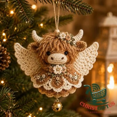 Highland Cow Angel Crochet Ornament 2026 Handmade - front view with wings, flowers, and bell