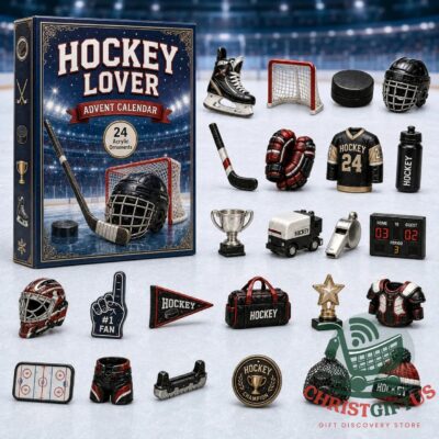 Hockey Lover 24 Acrylic Ornaments Advent Calendar - full product display on an ice rink background
