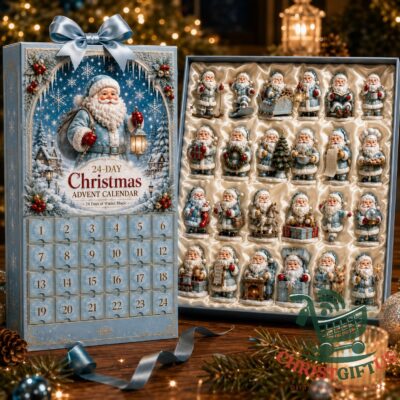 Icy Santa Claus Christmas Countdown Advent Calendar - full view open and closed with festive decor