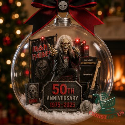 Iron Maiden 50th Anniversary Christmas Ornament - clear glass sphere with Eddie figure and stage setup