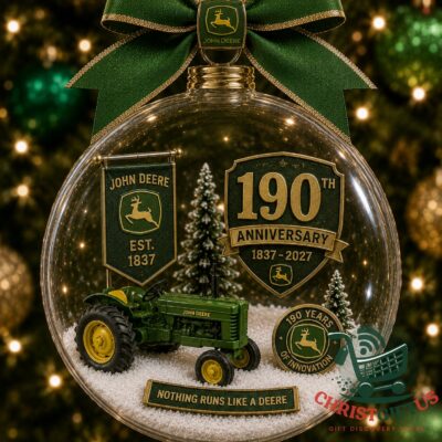 John Deere 190th Anniversary Christmas Ornament 2026 - clear glass ornament with miniature tractor and