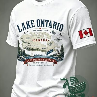 Lake Ontario Freshwater Heritage T-Shirt - front view with Canadian flag sleeve patch