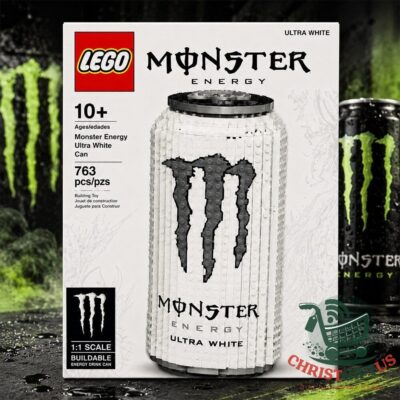 LEGO Monster Energy Ultra White Can Buildable Building Toy Set - box showing buildable can and actual can
