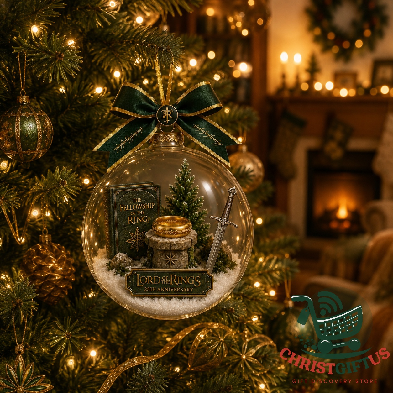 Lord of the Rings 25th Anniversary Christmas Ornament 2026 - close-up of book and ribbon details