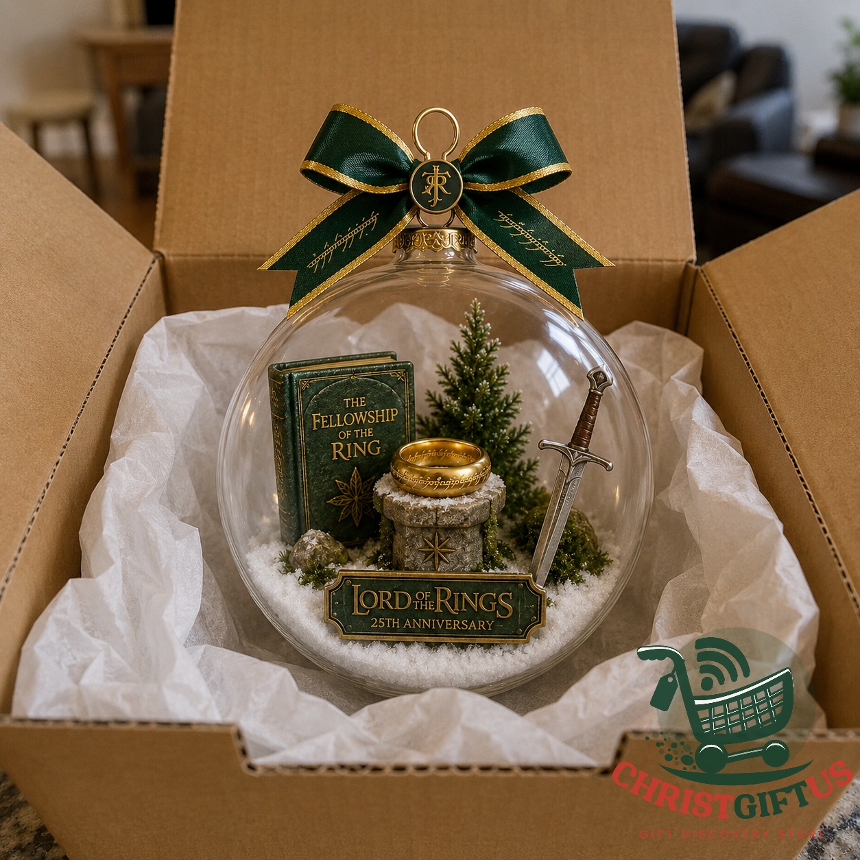 Lord of the Rings 25th Anniversary Christmas Ornament 2026 – Close-up showing sword and ribbon Lord of the Rings 25th Anniversary Christmas Ornament 2026 - close-up showing sword and ribbon