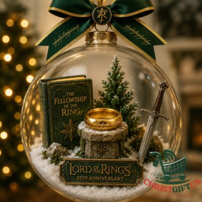 Lord of the Rings 25th Anniversary Christmas Ornament 2026 - full view with festive lights