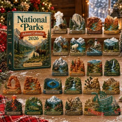 National Parks Advent Calendar 2026 Acrylic Ornaments Set - full display with calendar box and all ornaments