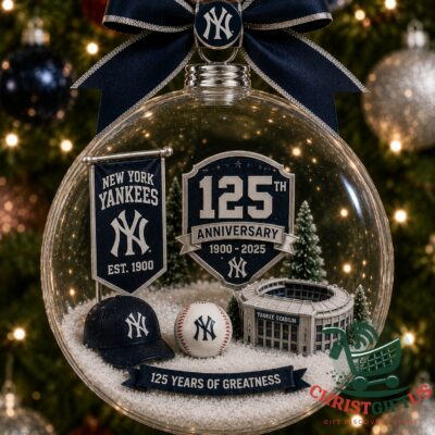 New York Yankees 125th Anniversary Christmas Ornament 2026 - full view on Christmas tree
