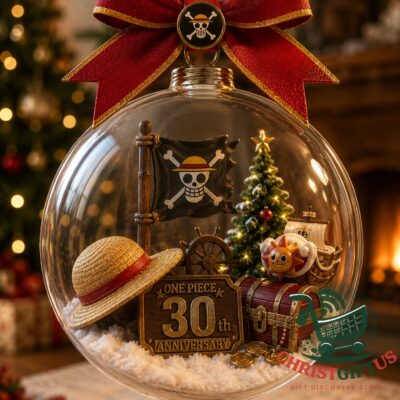 One Piece 30th Anniversary Globe Ornament - front view showing pirate scene and anniversary plaque
