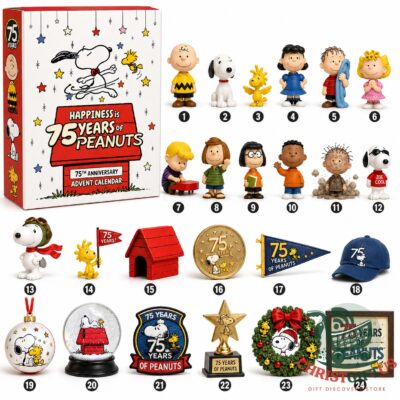 Peanuts 75th Anniversary Advent Calendar box with all 24 collectible items displayed