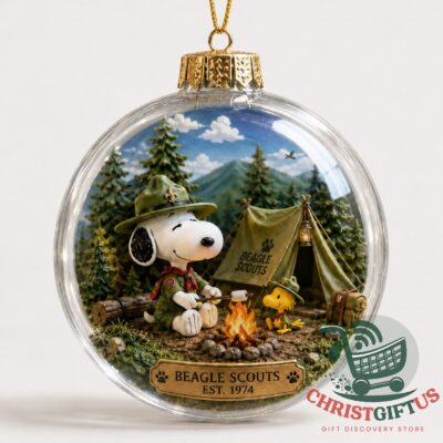 Peanuts Beagle Scouts Est 1974 Christmas Ornament - full front view