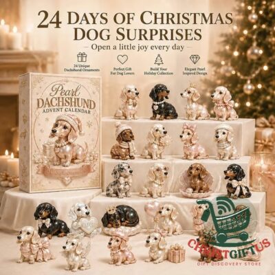 Pearl Dachshund 24-Day Christmas Advent Calendar - complete display with box and dachshund ornaments