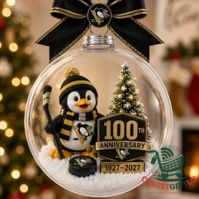 Pittsburgh Penguins 100th Anniversary 1927-2027 Ornament - clear globe with penguin and anniversary plaque
