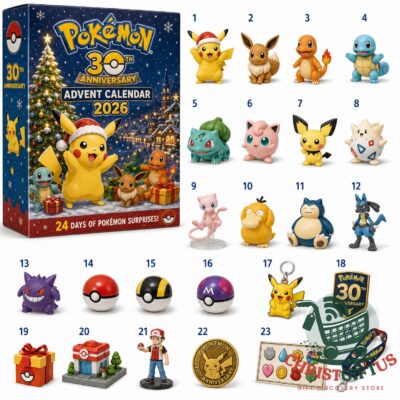 Pokemon 30th Anniversary Advent Calendar 2026 - full view with all surprise items displayed