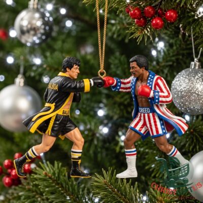 Rocky Balboa Apollo Creed Christmas Ornament - two boxers in action on a festive tree