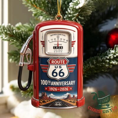 Route 66 100th Anniversary 1926-2026 Christmas Ornament - hanging on a frosted Christmas tree