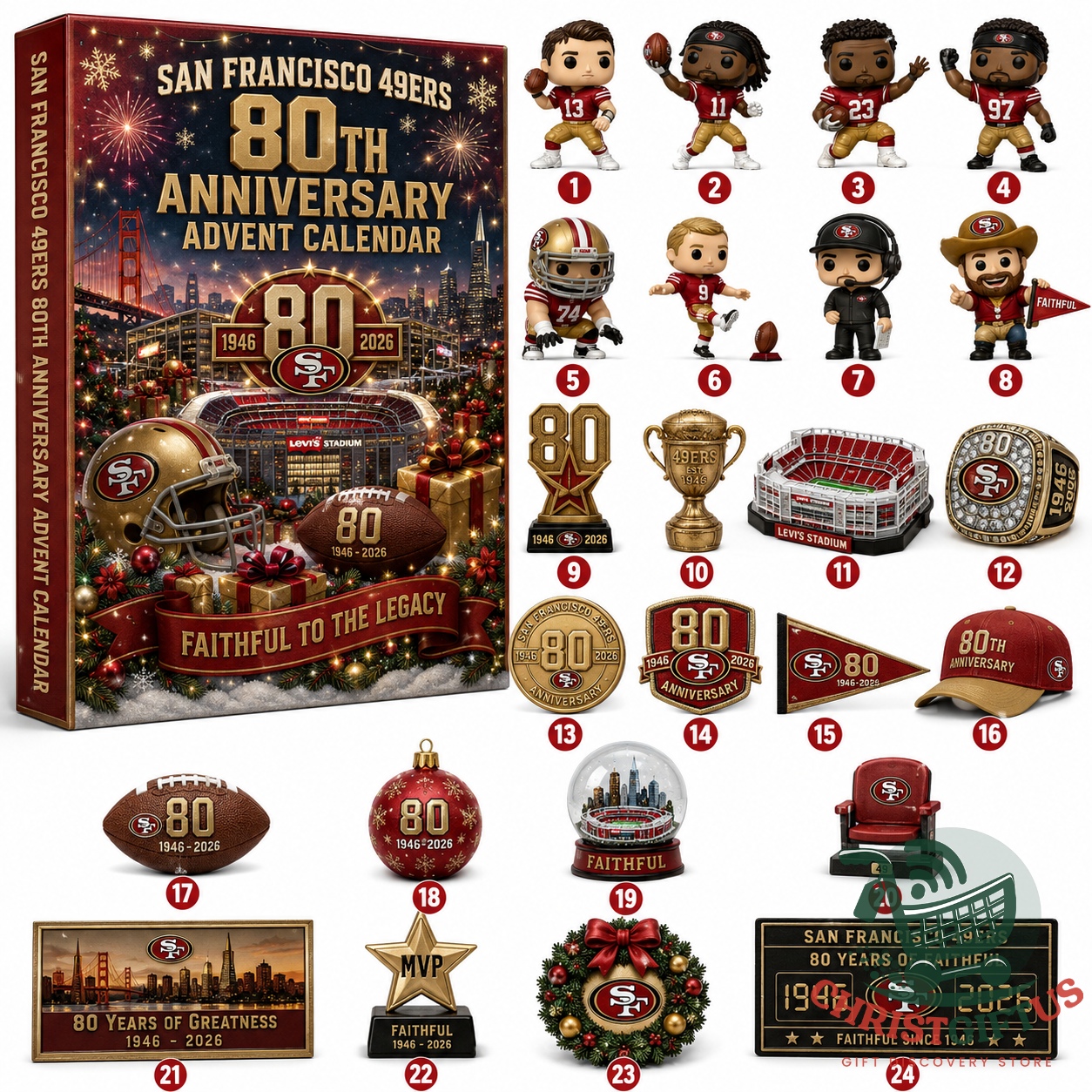San Francisco 49ers 80th Anniversary Advent Calendar - full range of collectible items