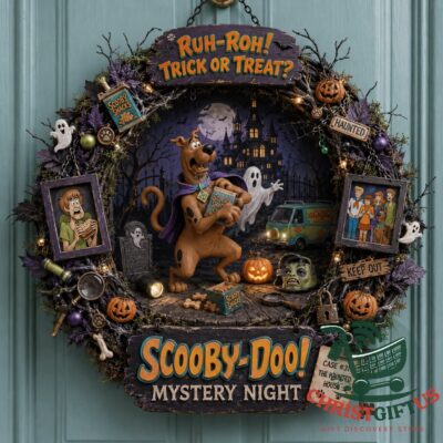 Scooby-Doo Halloween 2026 Mystery Night Decorative Wreath - front view with haunted mansion centerpiece